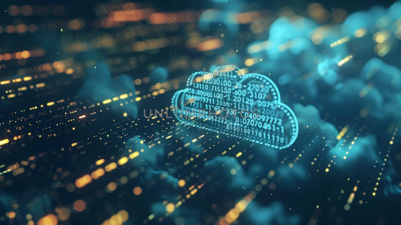 Step into the future with this captivating digital hologram, showcasing a dynamic blend of blue and golden light against a backdrop of streaming digits and code. The holographic cloud icon symbolizes the cutting-edge advancements in cloud computing and digital data flow.