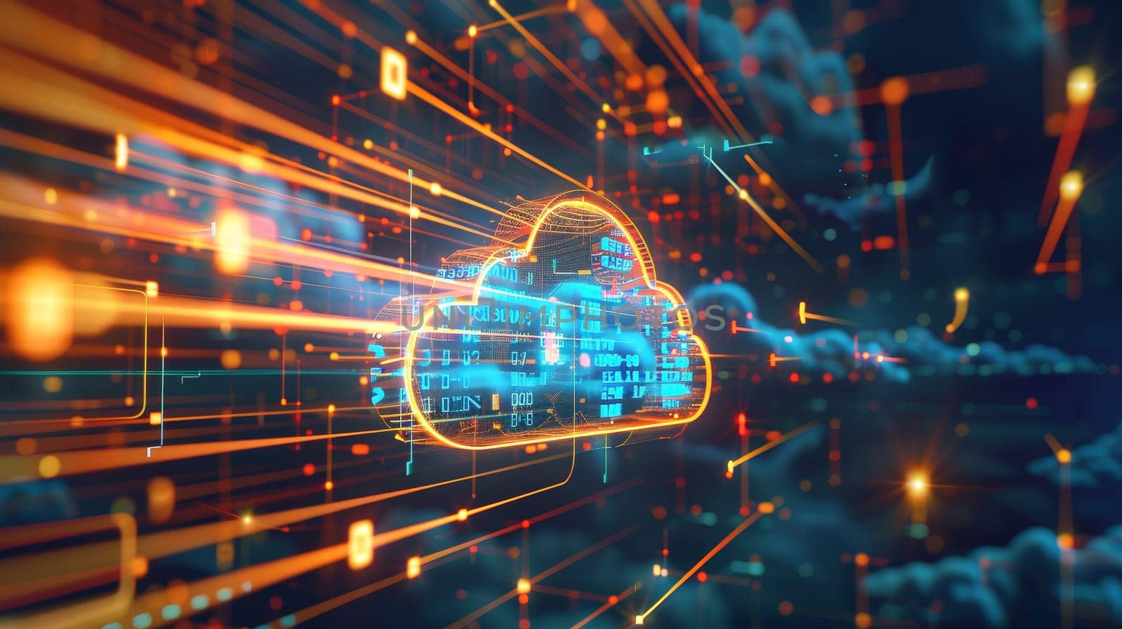 Step into the future with this captivating digital hologram, showcasing a dynamic blend of blue and golden light against a backdrop of streaming digits and code. The holographic cloud icon symbolizes the cutting-edge advancements in cloud computing and digital data flow.