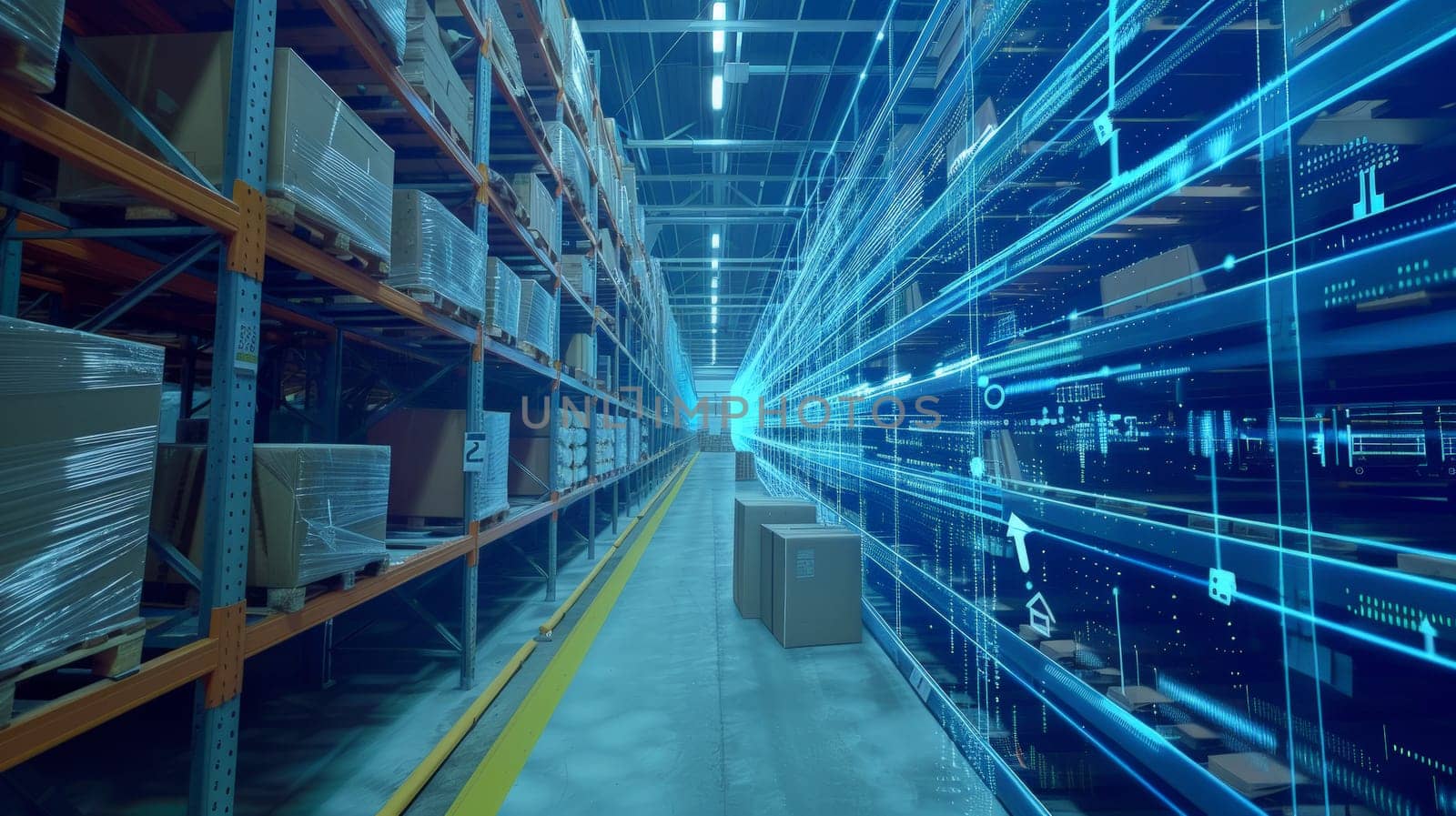 Experience the future of retail logistics with this innovative depiction of Industry 4.0 processes in a digitalized and visualized warehouse setting. Witness the seamless analysis of goods through cutting-edge technology and advanced automation.