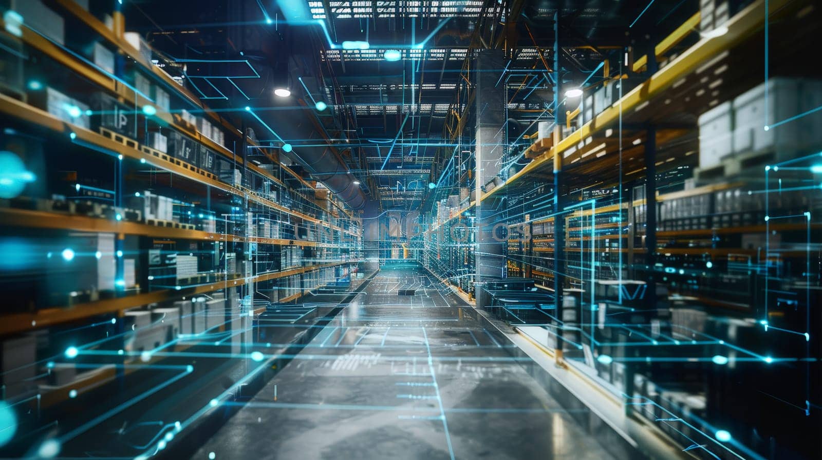 Experience the future of retail logistics with this innovative depiction of Industry 4.0 processes in a digitalized and visualized warehouse setting. Witness the seamless analysis of goods through cutting-edge technology and advanced automation.