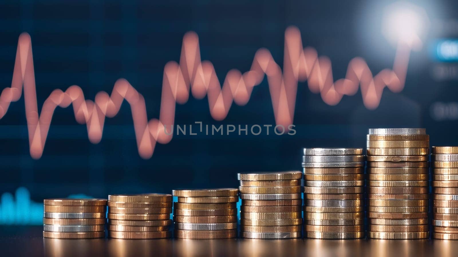 Witness the visual representation of business success with a stack of coins ascending alongside a graph chart depicting growth. This image symbolizes the prosperous outcomes of strategic marketing efforts and financial investments.