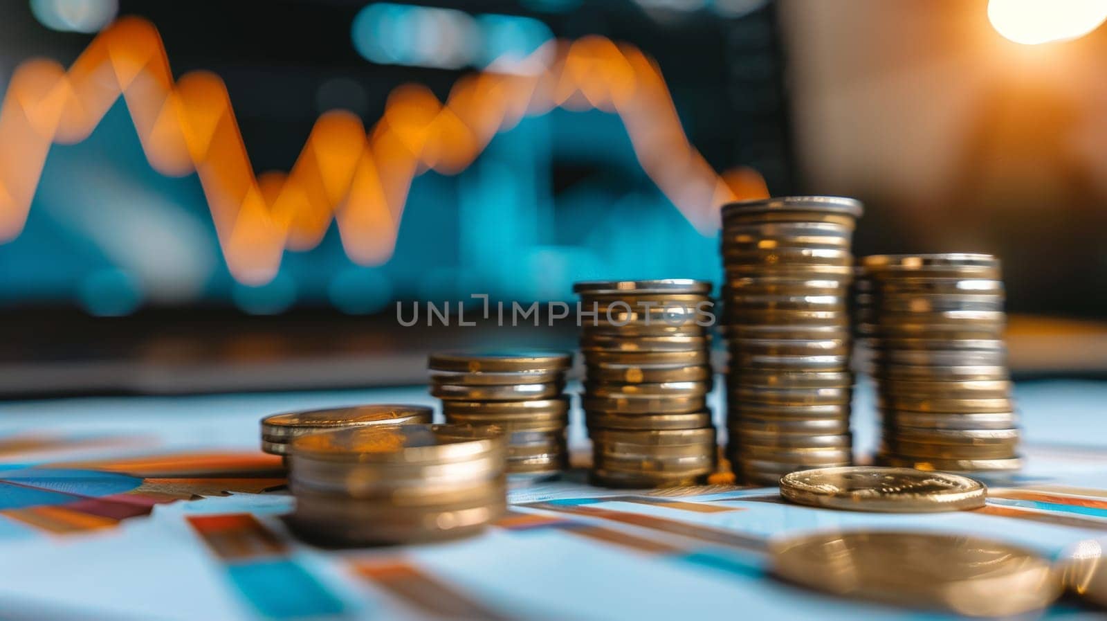 Witness the visual representation of business success with a stack of coins ascending alongside a graph chart depicting growth. This image symbolizes the prosperous outcomes of strategic marketing efforts and financial investments.