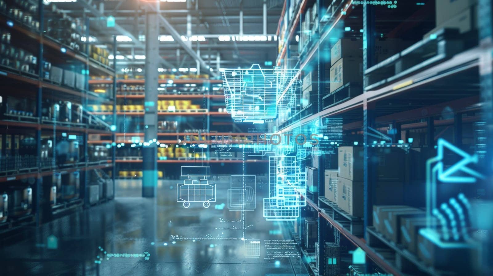 Experience the future of retail logistics with this innovative depiction of Industry 4.0 processes in a digitalized and visualized warehouse setting. Witness the seamless analysis of goods through cutting-edge technology and advanced automation.