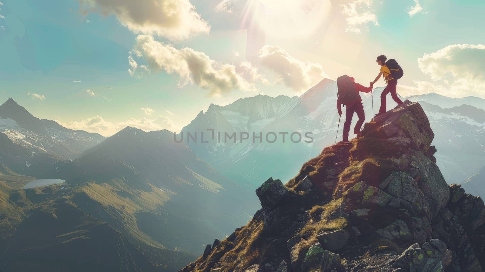 In this empowering scene, a hiker extends a helping hand to their friend, aiding them in conquering the majestic mountain peak. Together, they epitomize camaraderie, resilience, and triumph amidst nature's grandeur.