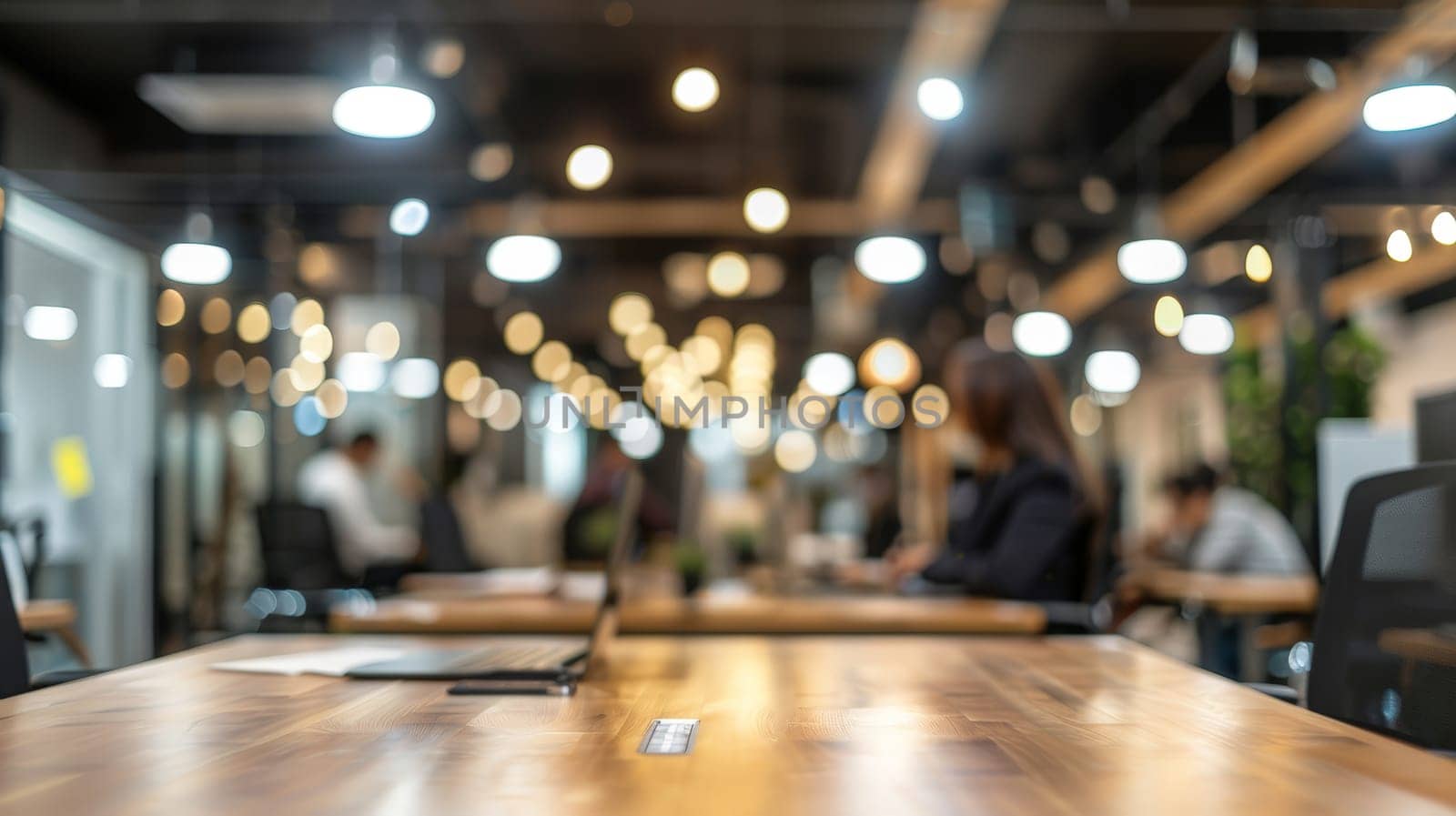 In this dynamic business environment, the hustle and bustle of an office come to life with blurred figures in casual attire, creating a sense of movement and activity. The bokeh background adds a touch of vibrancy and energy to the scene.