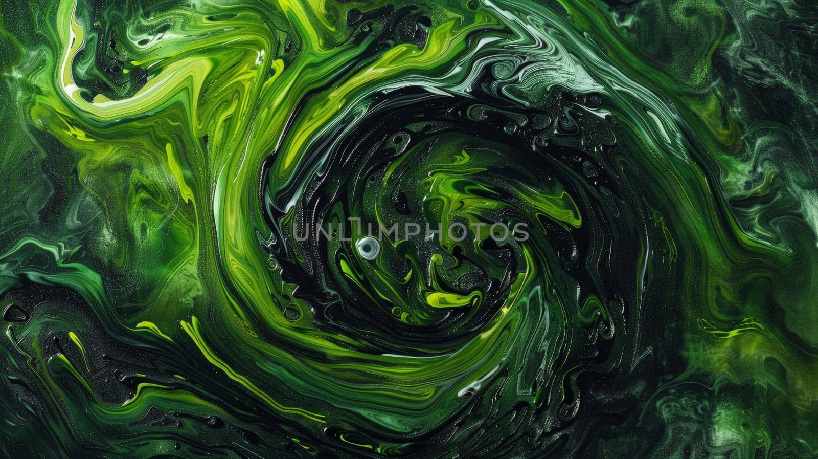 Immerse yourself in the enigmatic dance of swirling textures, where black and green intertwine in captivating harmony. This abstract composition reveals the dynamic motion of fingers crafting intricate patterns, evoking a sense of mystery and vitality.