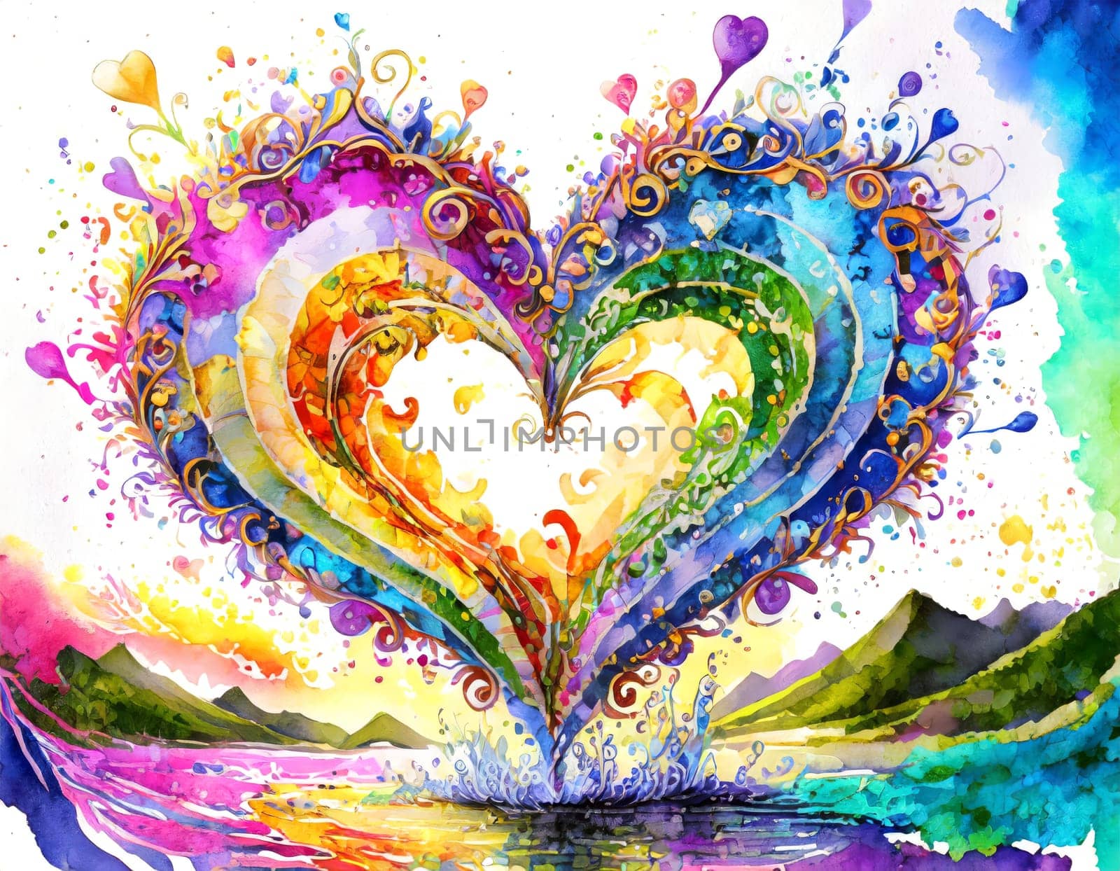 Ornate heart with rainbow colors in baroque style over water with mountains in the background.