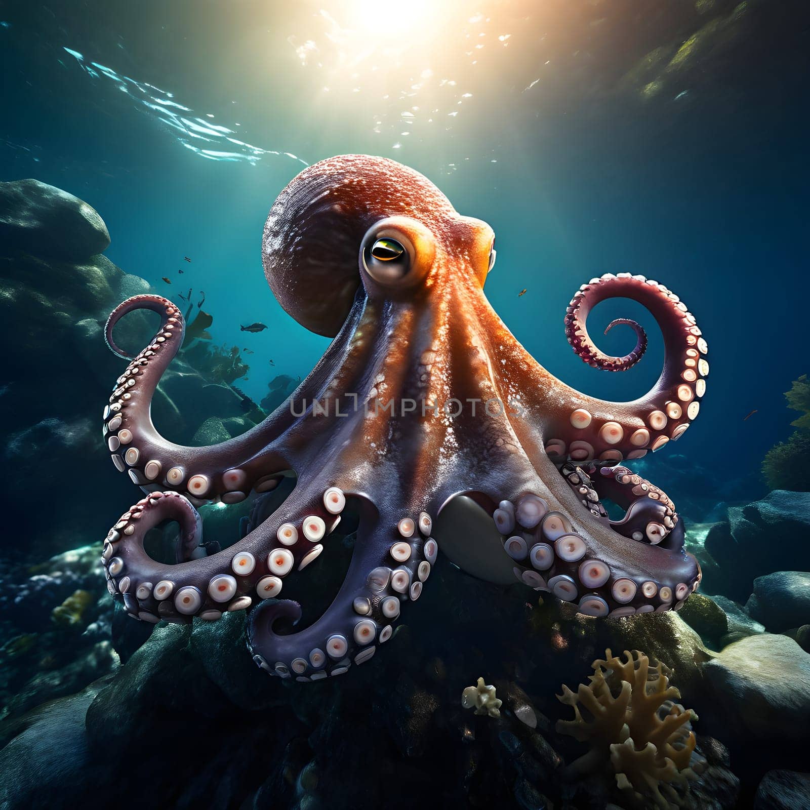 deep sea octopus embedded in a rugged sub aqueous scenery