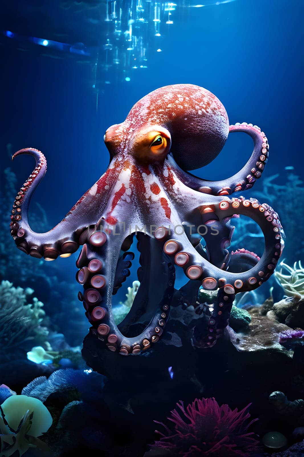 deep sea octopus embedded in a rugged sub aqueous scenery