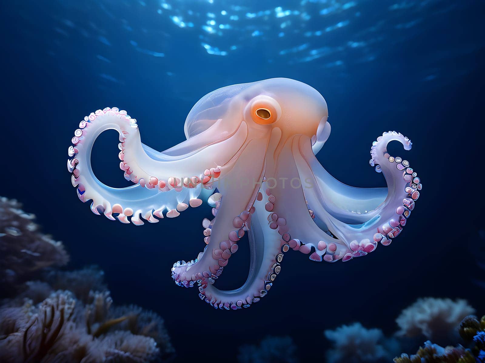 deep sea octopus embedded in a rugged sub aqueous scenery
