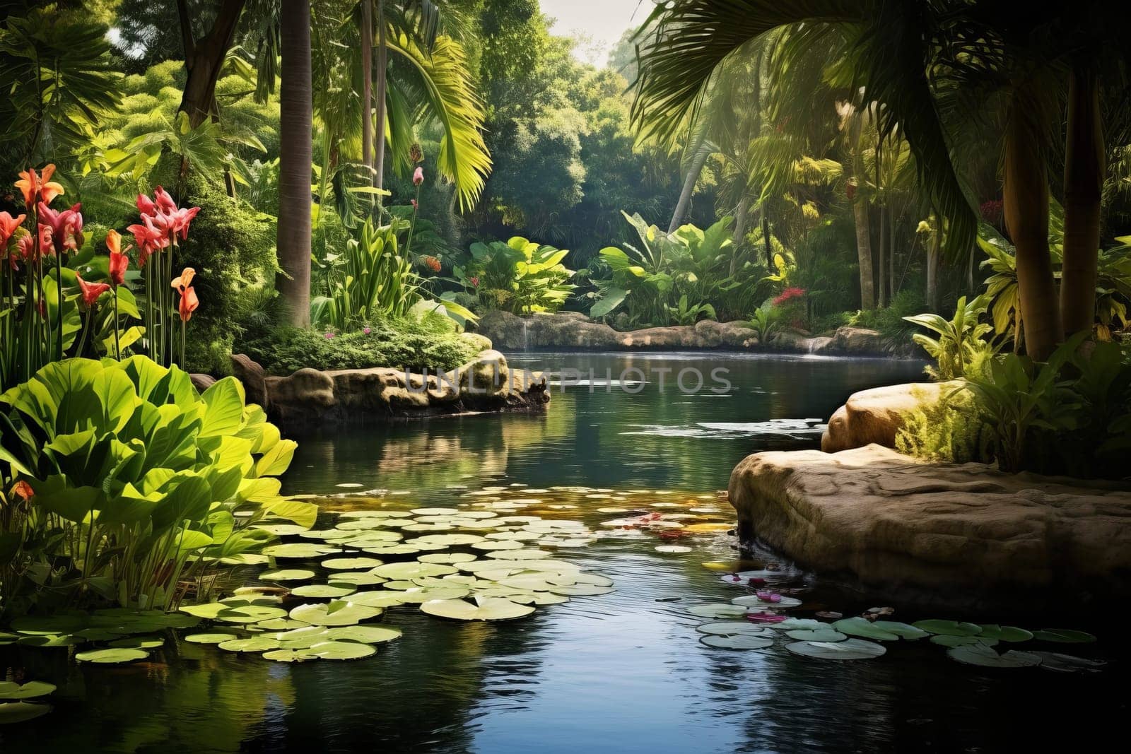 Tranquil pond surrounded by lush vegetation. Generative AI