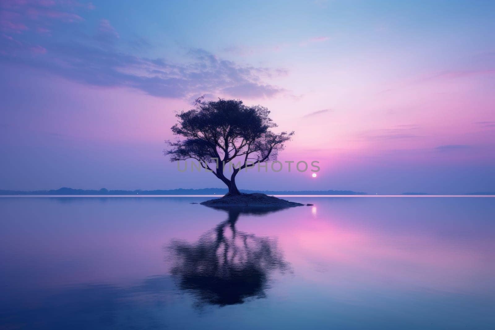 Solitary tree on an island in the middle of a serene lake. Generative AI