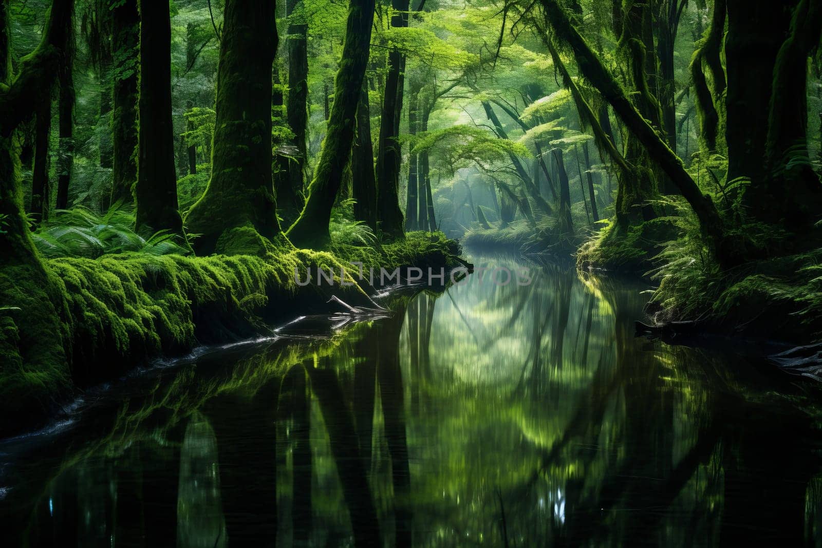 Verdant forest and still waters. Generative AI