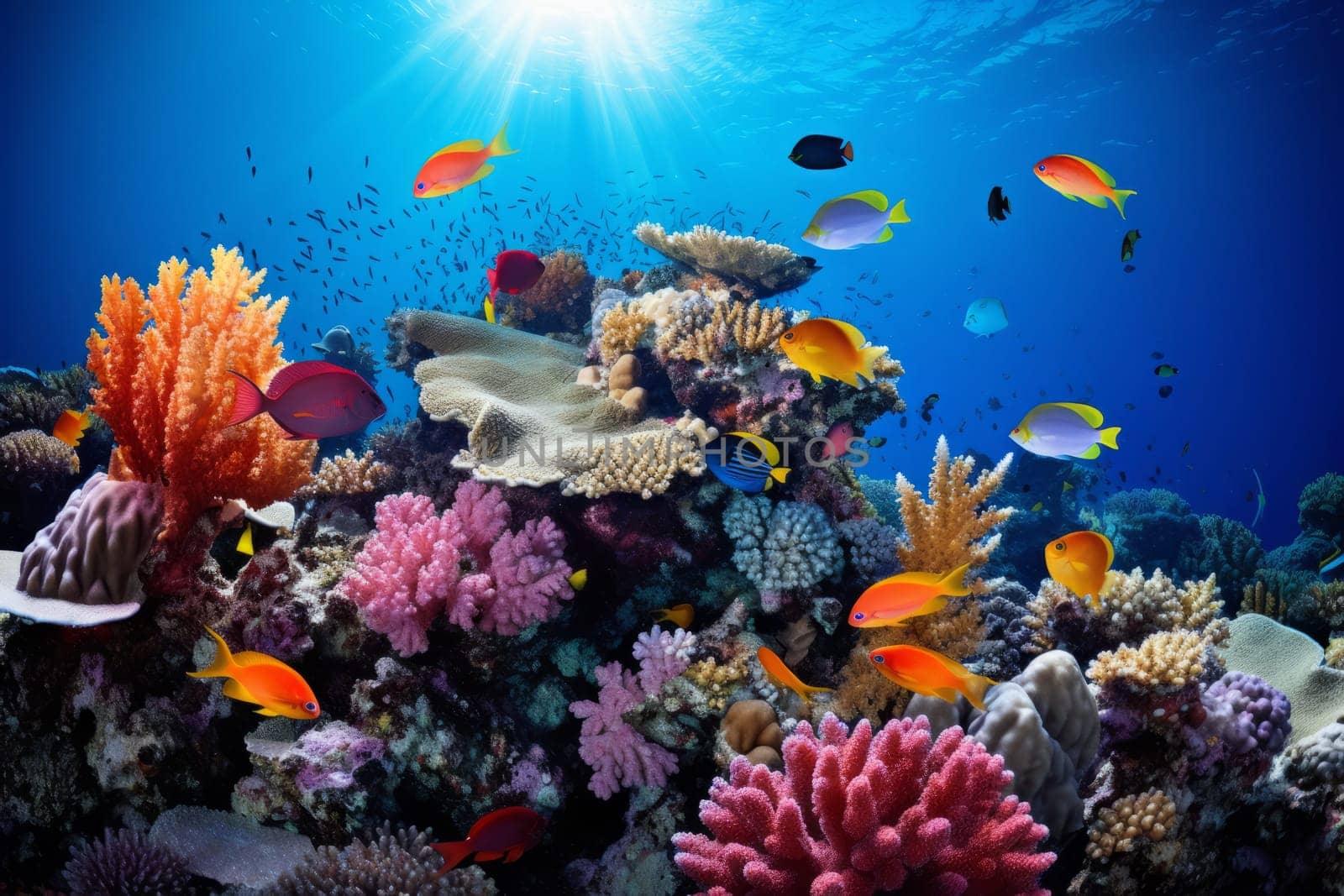 Vibrant coral reef teeming with marine diversity. Generative AI