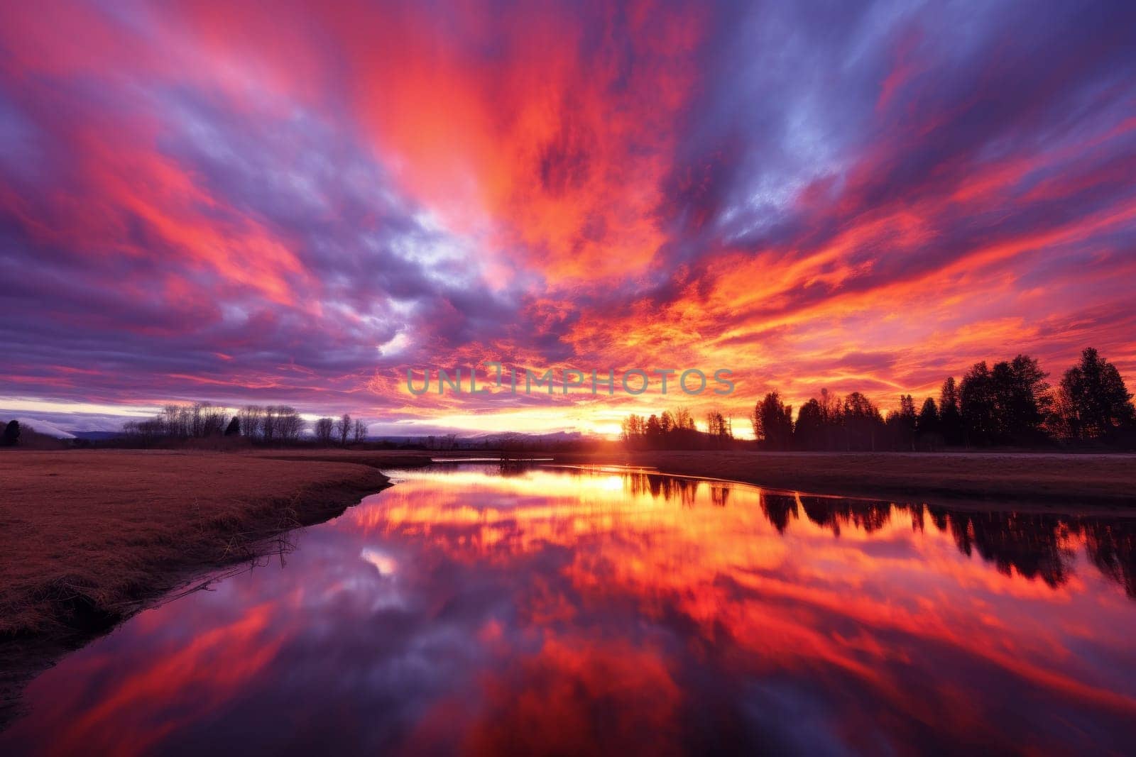Colorful sunset over a lake with clouds. Generative AI