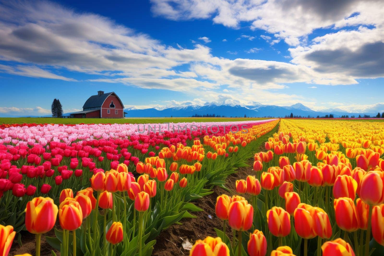 Vibrant Tulip Fields in Spring. Generative AI