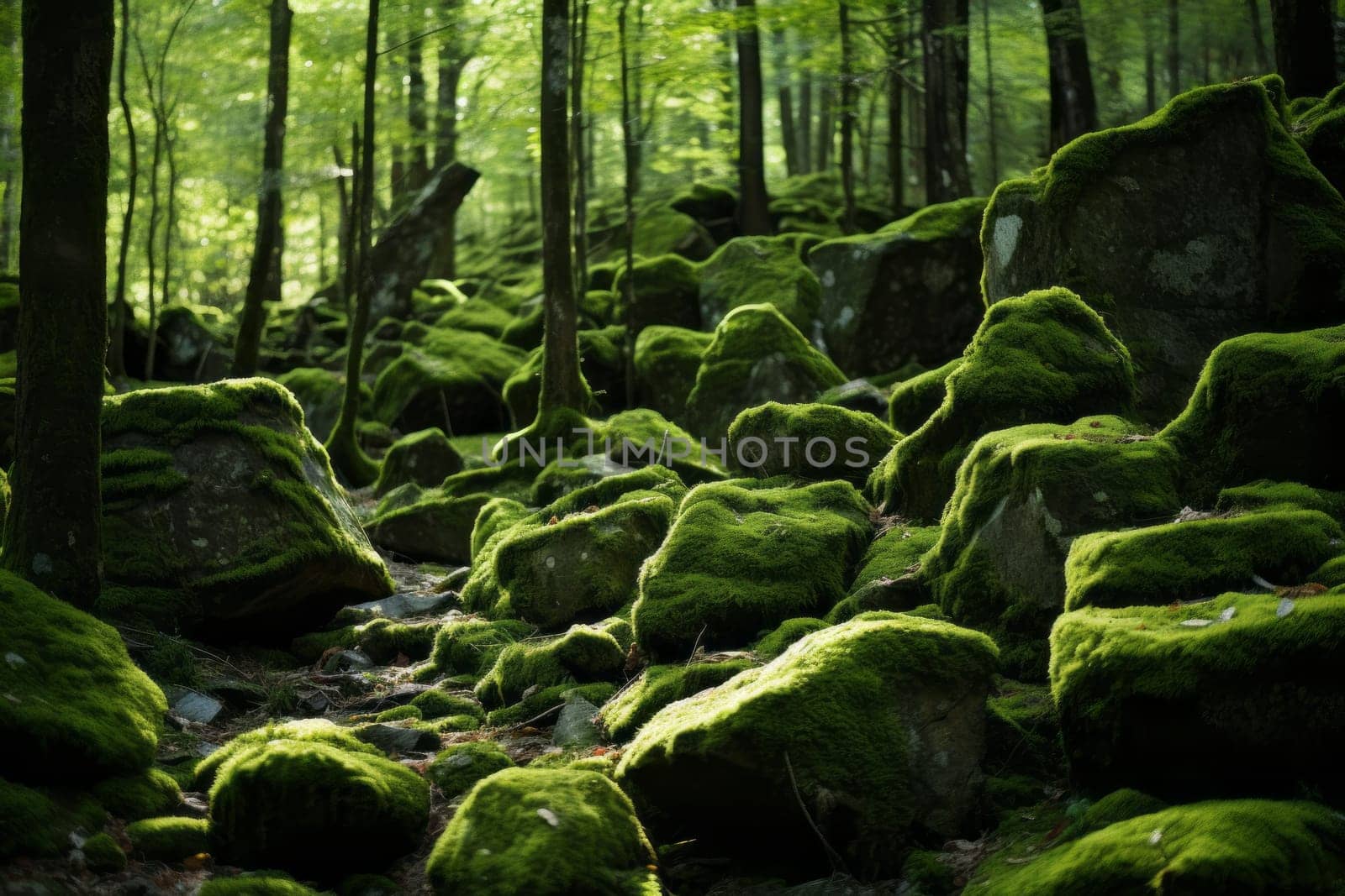Moss covered rocks and trees in a forest. Generative AI