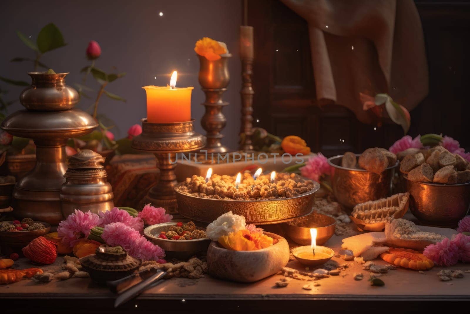 Table topped with lots of food and candles. Generative AI