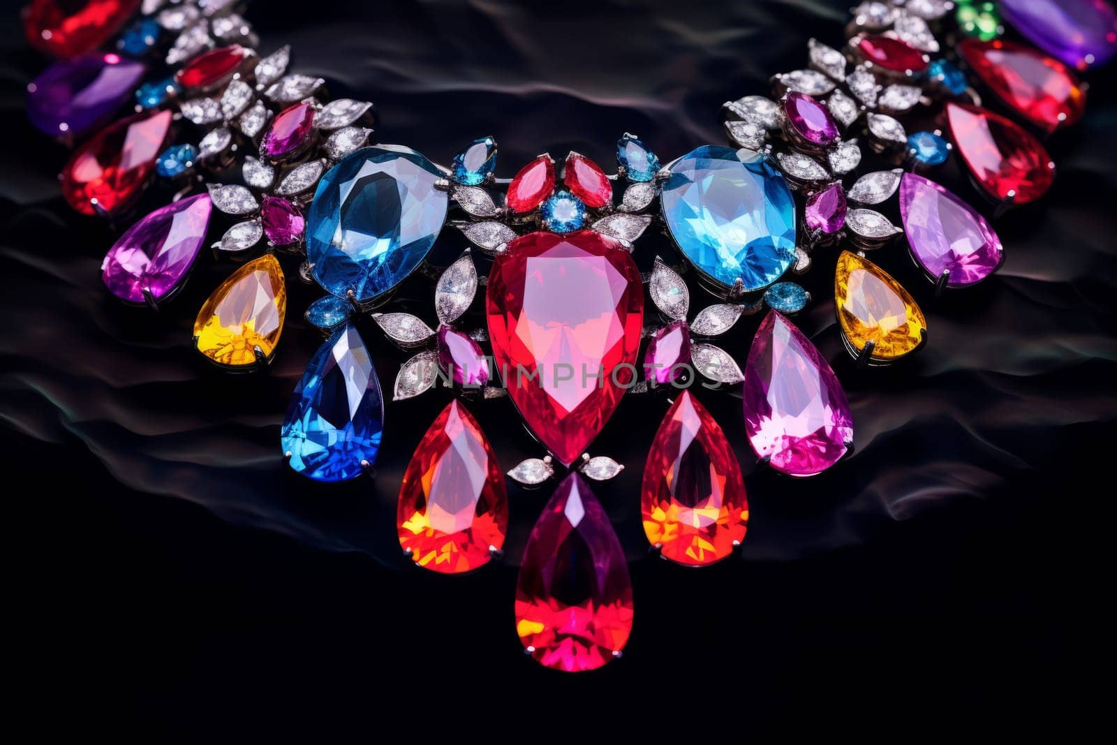 Multicolored necklace is shown on a black background. Generative AI