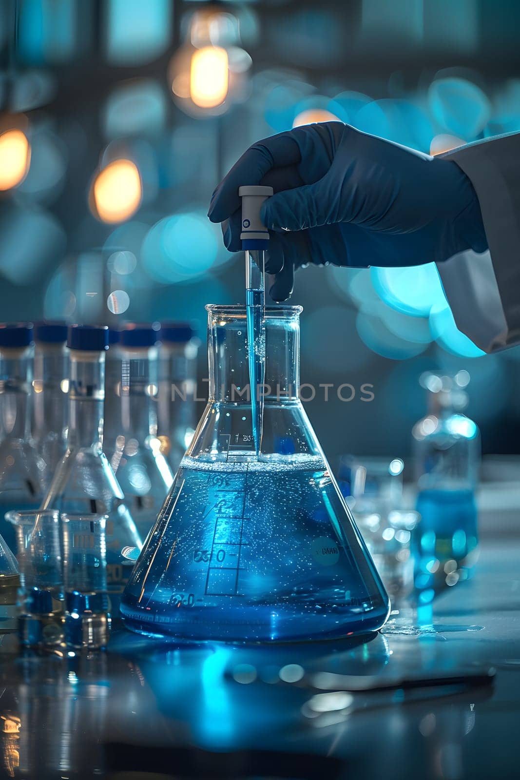 Scientist must always wear protective equipment such as gloves or gown in the laboratory with a light background. Ideal for concepts related to medical research or safety in chemical laboratory work.