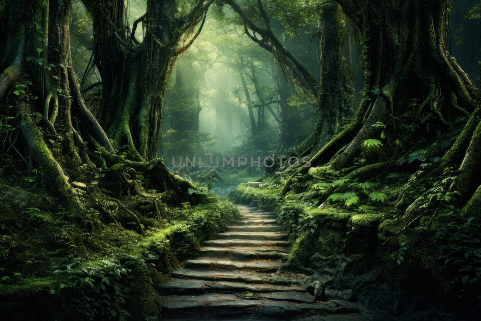 Path in the middle of a lush green forest. Generative AI