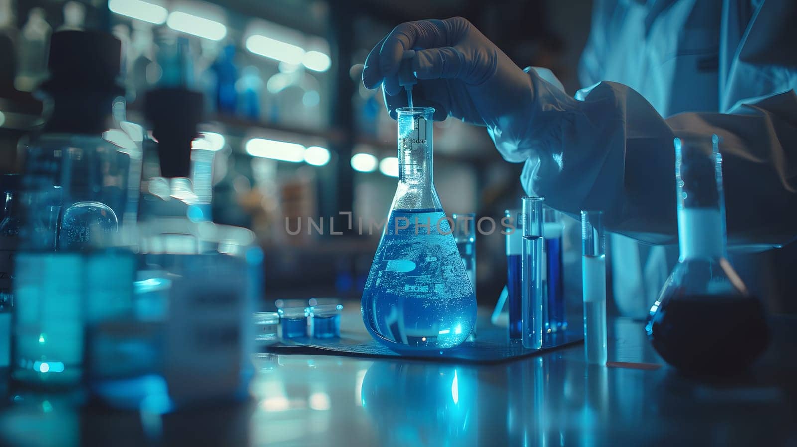 Scientist must always wear protective equipment such as gloves or gown in the laboratory with a light background. Ideal for concepts related to medical research or safety in chemical laboratory work.