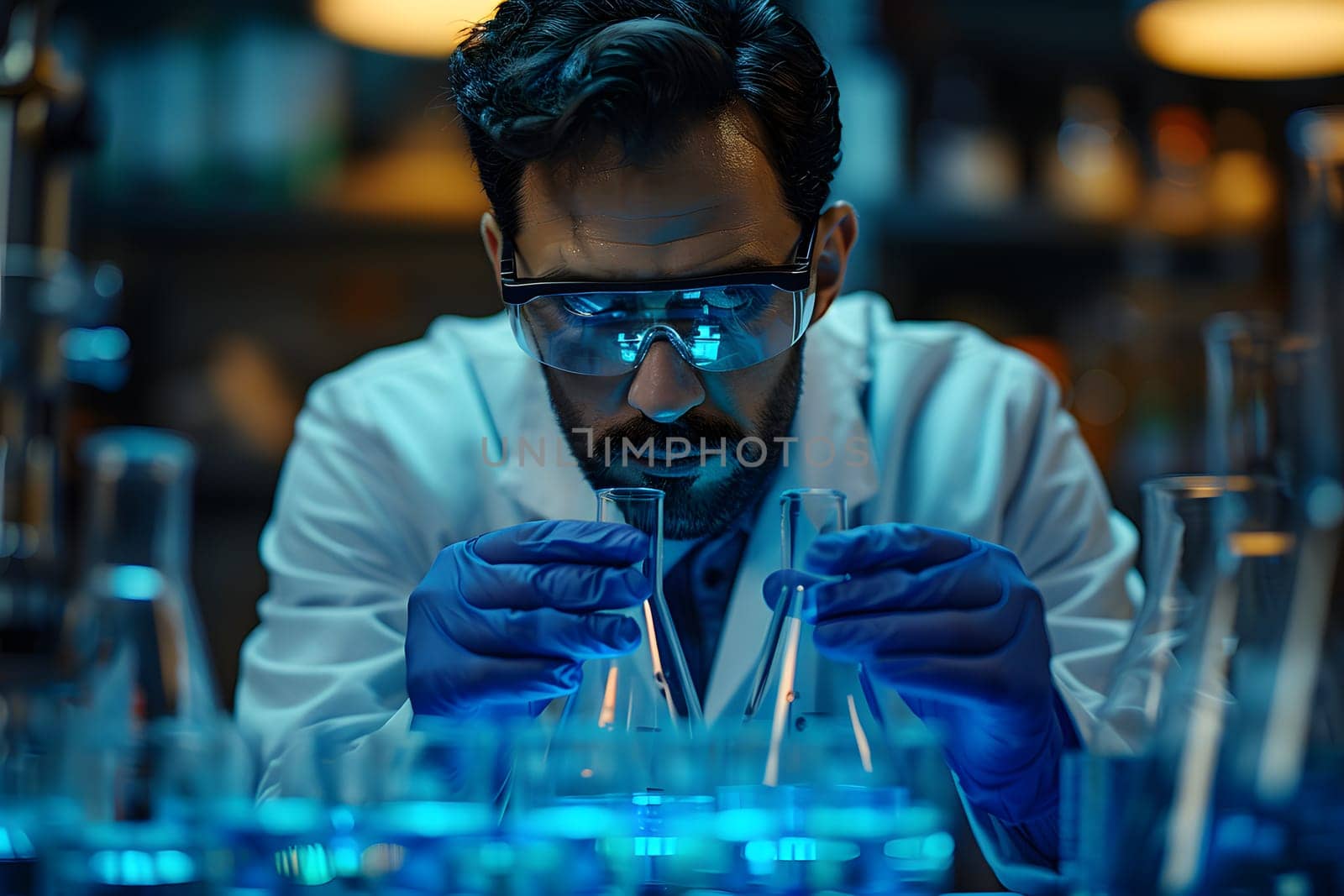 Scientist must always wear protective equipment such as gloves or gown in the laboratory with a light background. Ideal for concepts related to medical research or safety in chemical laboratory work.