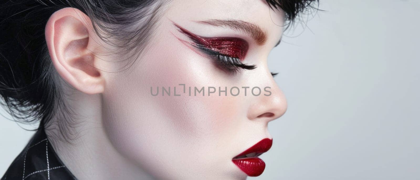 Portrait with elegant red makeup. Created using AI generated technology and image editing software.