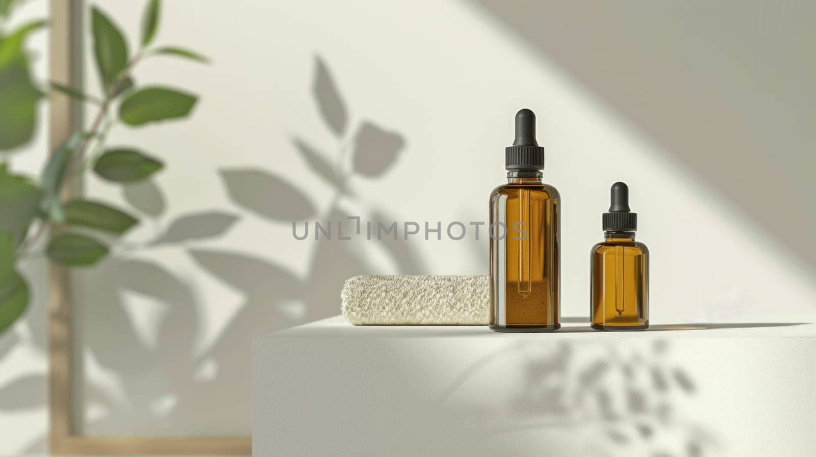 Essential oils with plant shadows in natural light. Created using AI generated technology and image editing software.