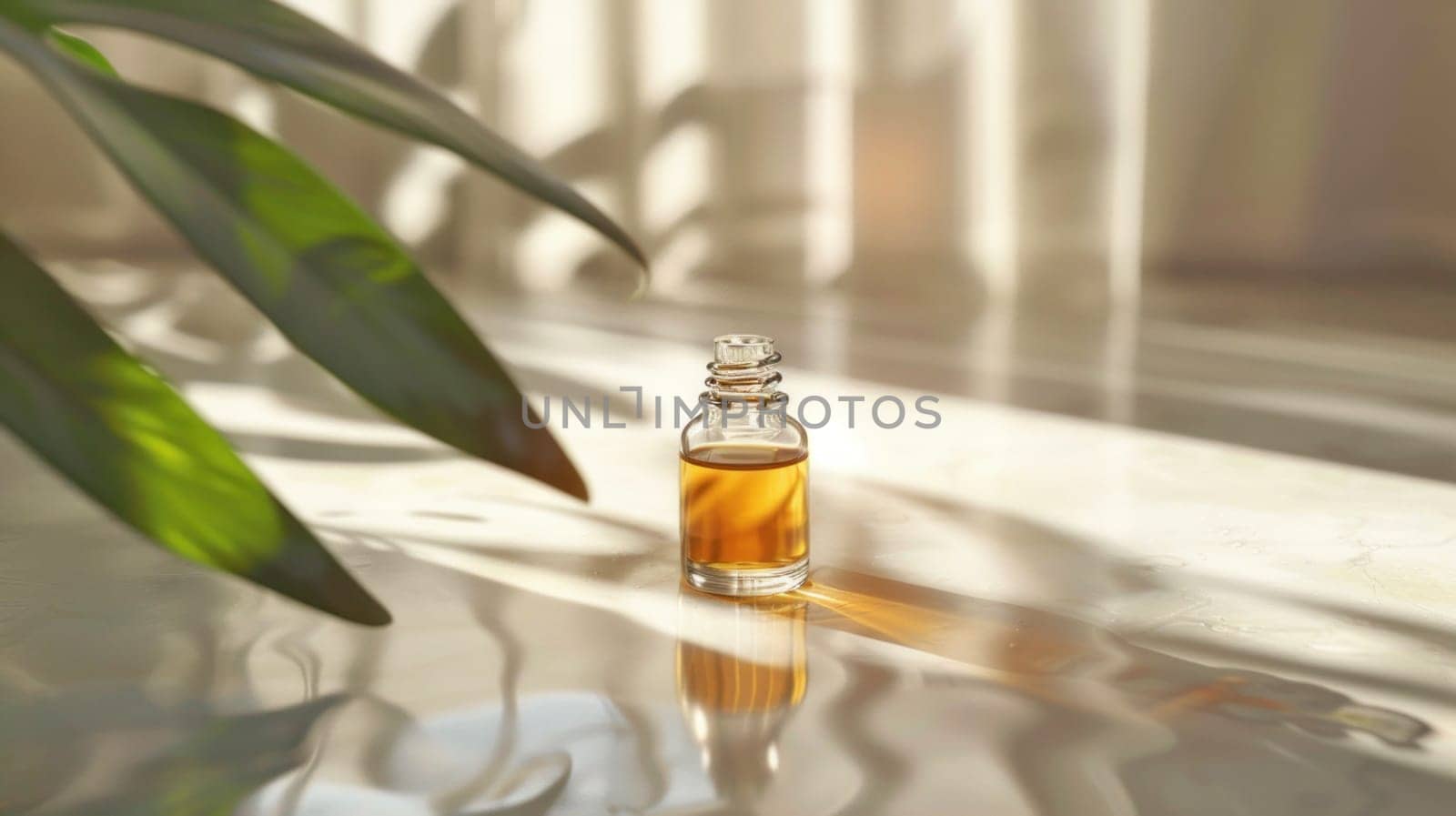 Simple essential oil bottle glistening in natural light. Created using AI generated technology and image editing software.