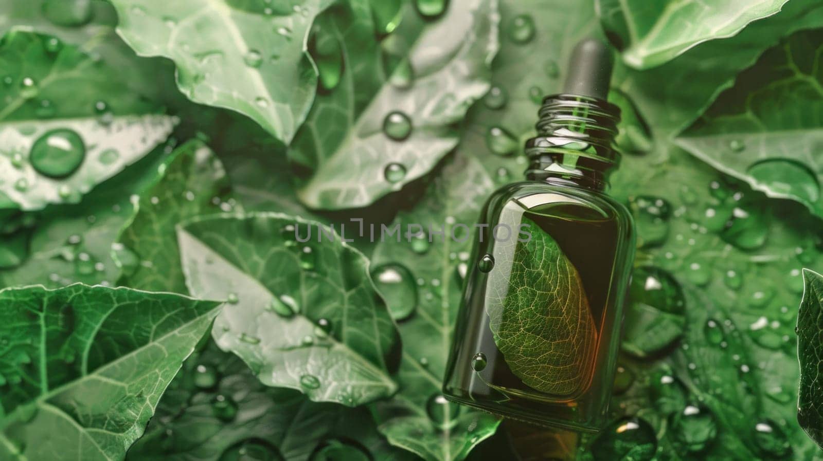 Essential oil bottles. Natural elements in skin care. Created using AI generated technology and image editing software.