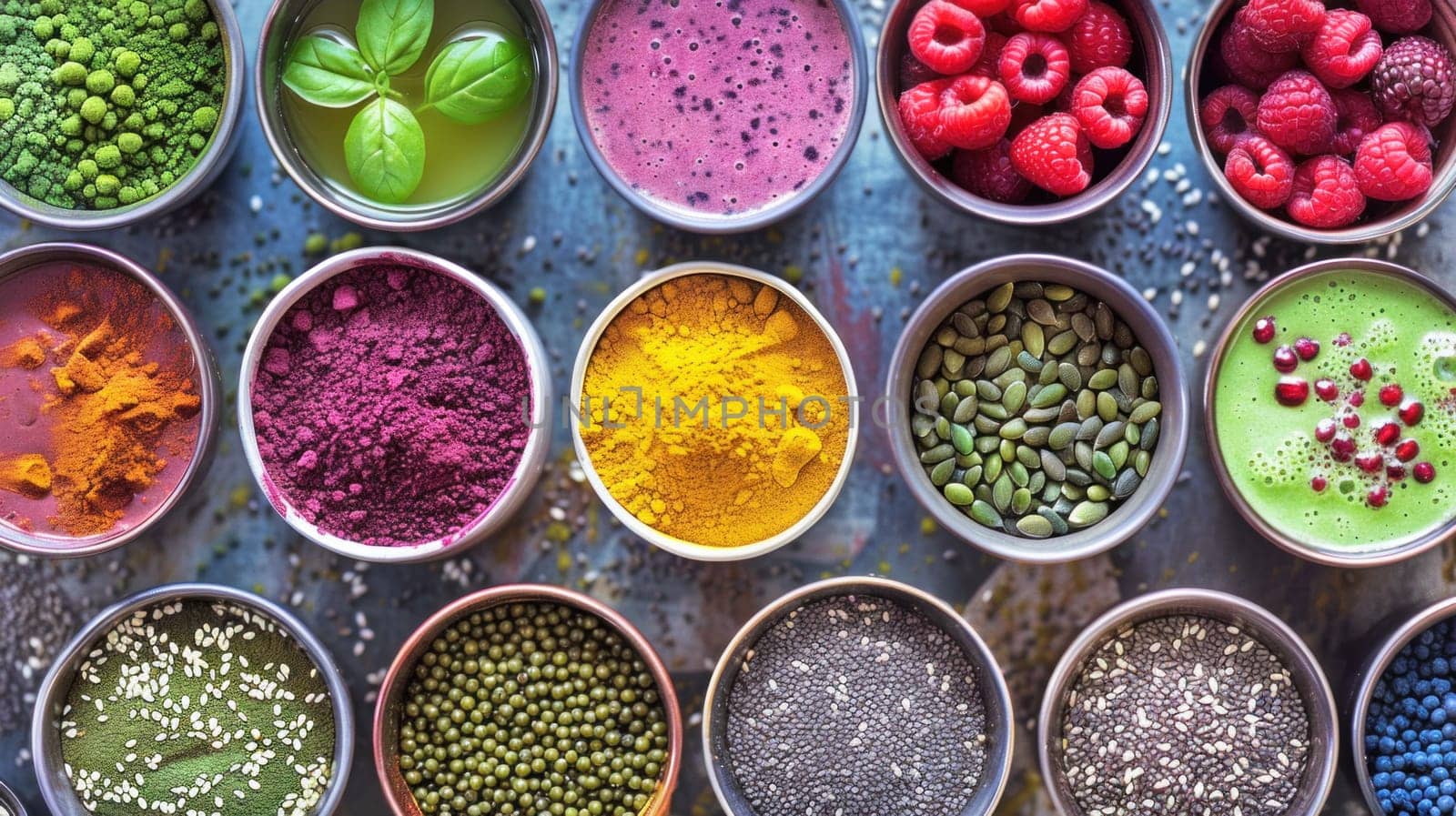 Collection of colorful superfoods. Created using AI generated technology and image editing software.
