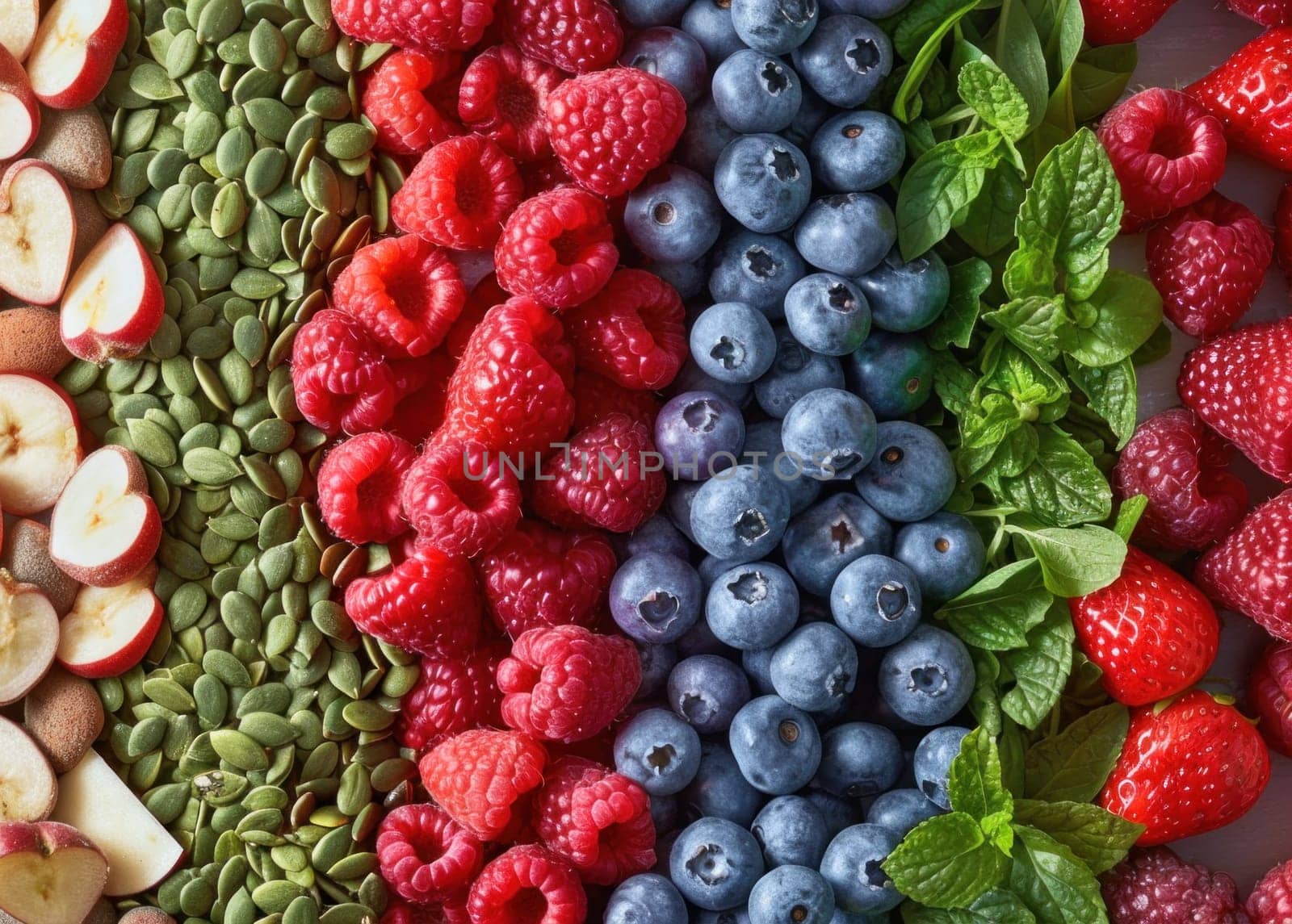 Close up of fresh berries and superfoods. Created using AI generated technology and image editing software.