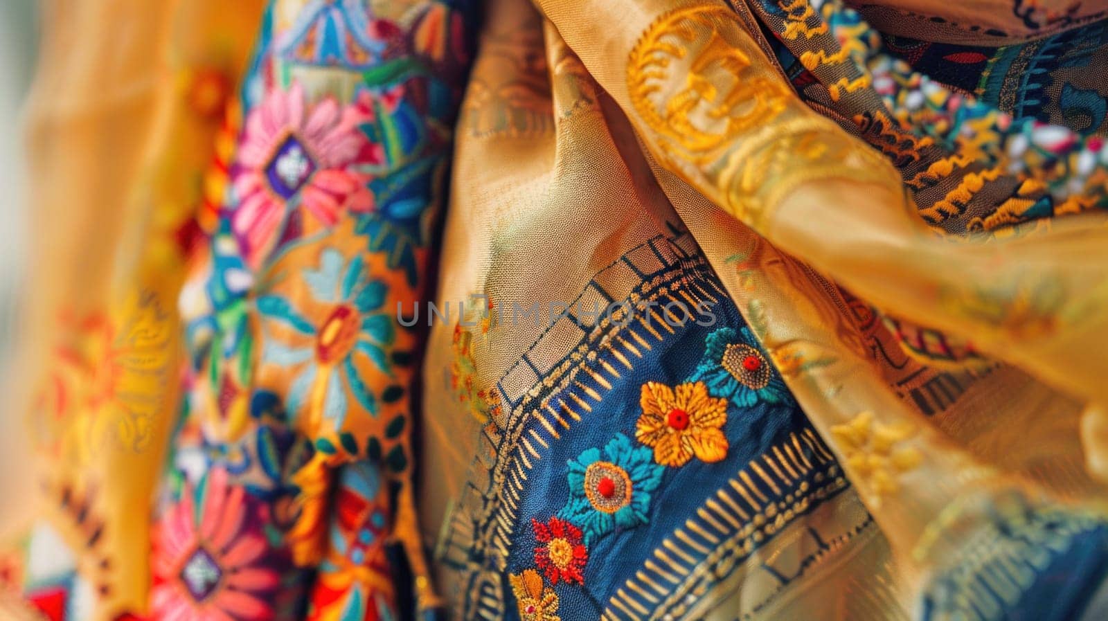 Close up of elegant ethnic fabric. Created using AI generated technology and image editing software.
