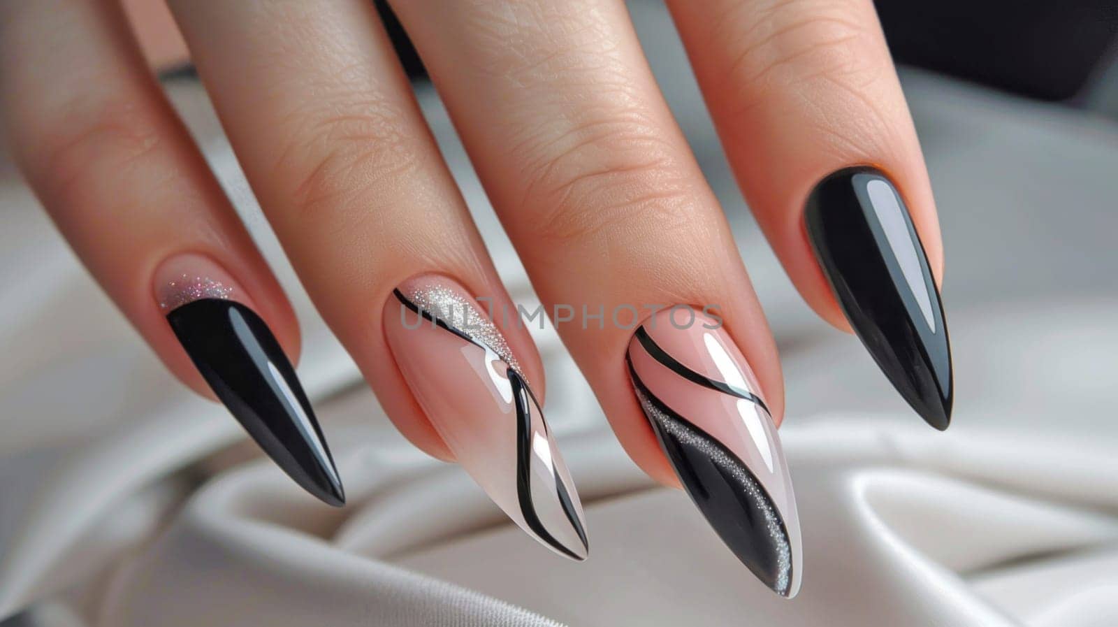 Sophisticated pink and black nail art design. Created using AI generated technology and image editing software.