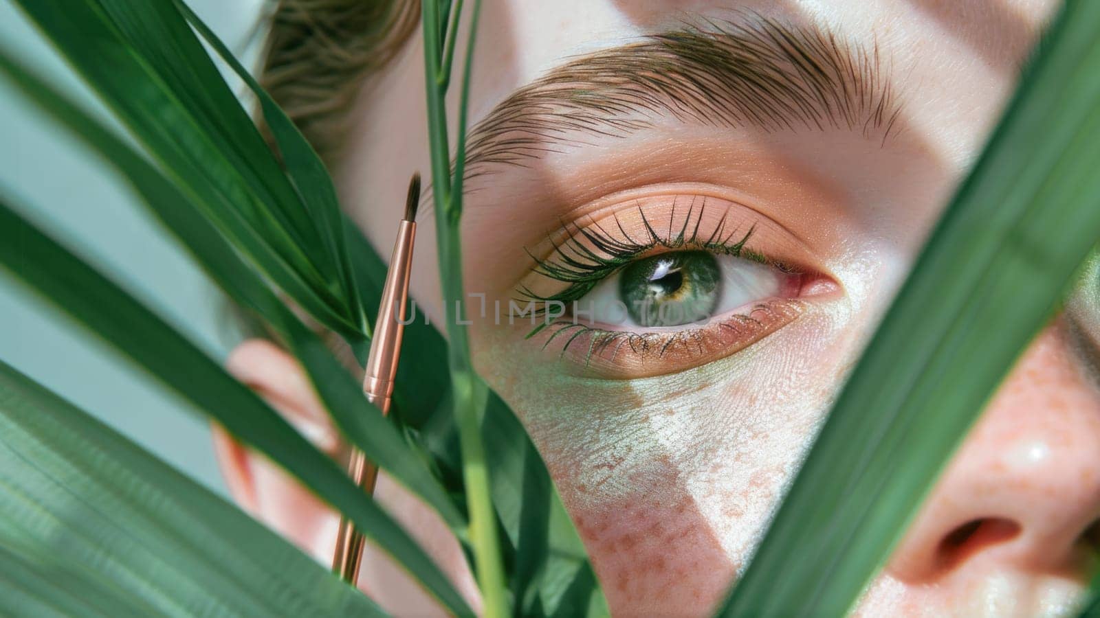 Portrait of a make up eye amidst green botanicals. Created using AI generated technology and image editing software.