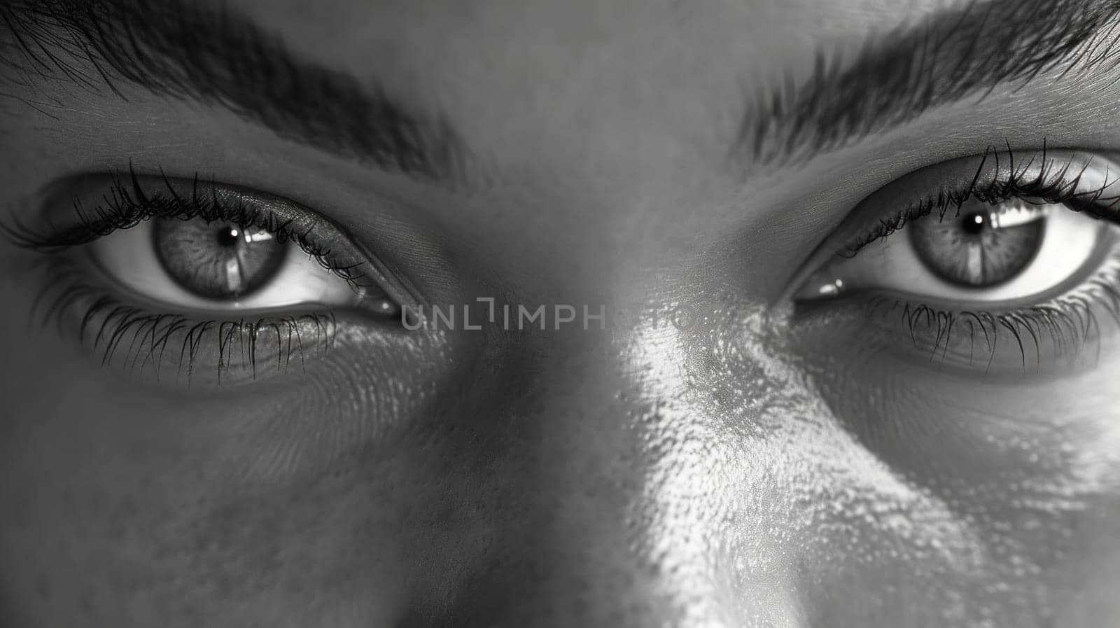 Gaze in close up monochrome. Created using AI generated technology and image editing software.