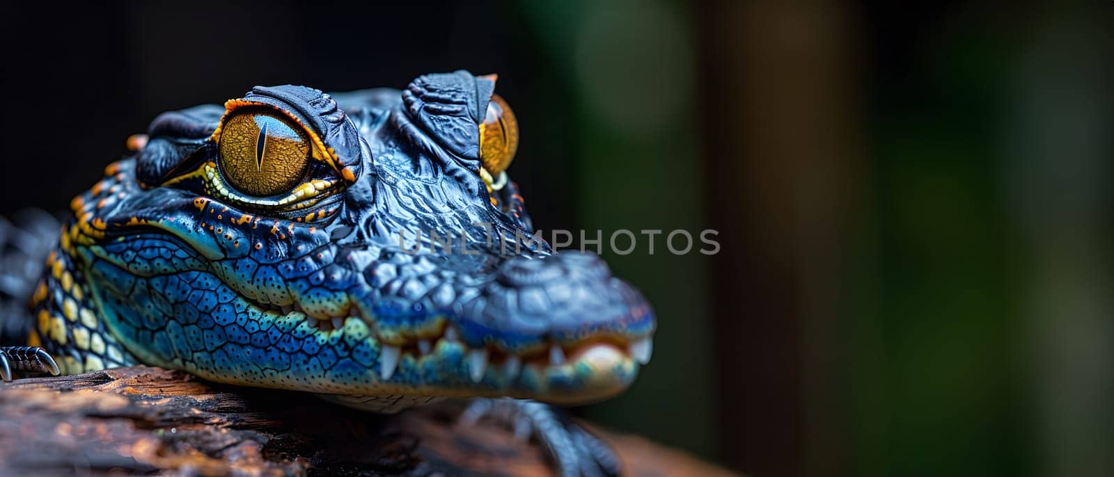 Colorful macro illustration of a small crocodile-like reptile with striking bright eyes perched on a piece of wood. There is space for entering text. It can attract the attention of readers very well.
