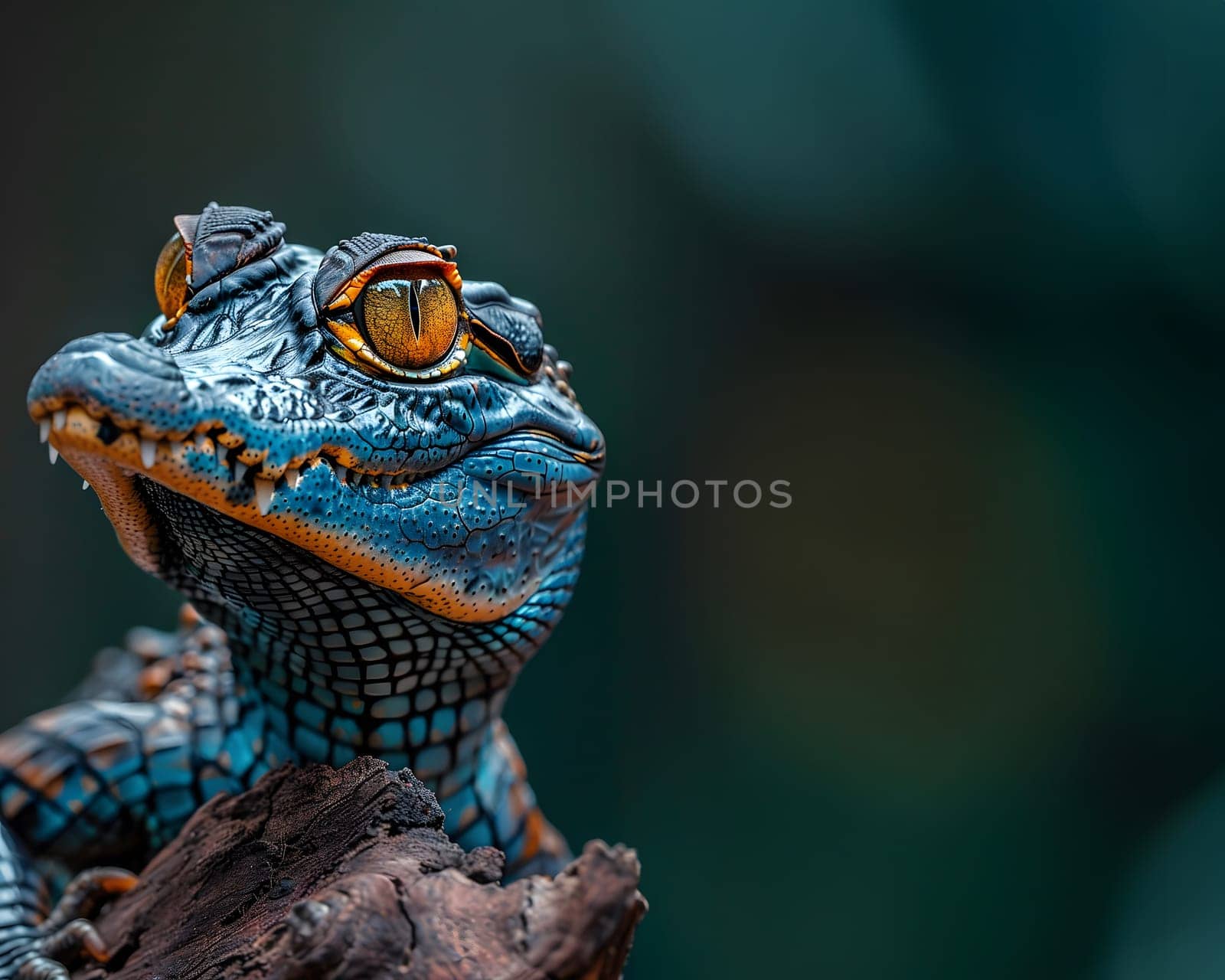 Colorful macro illustration of a small crocodile-like reptile with striking bright eyes perched on a piece of wood. There is space for entering text. It can attract the attention of readers very well.