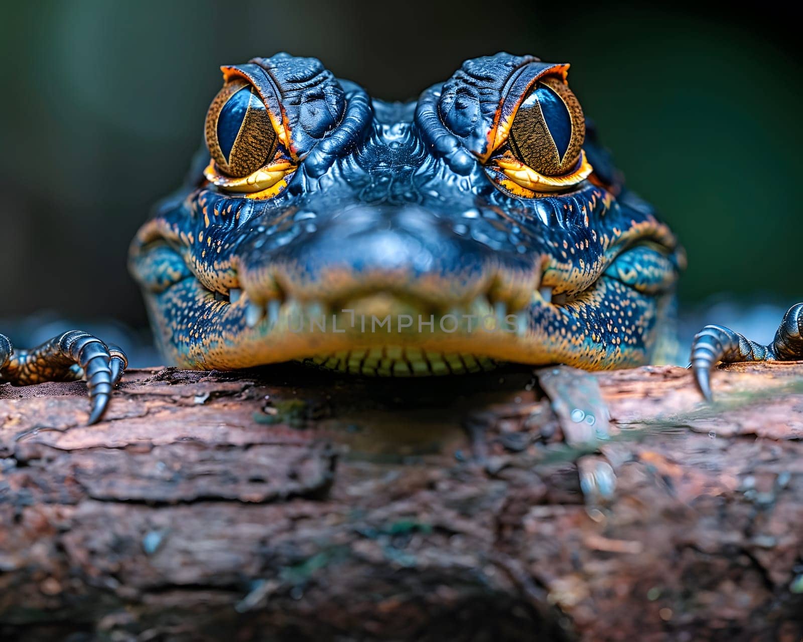 Colorful macro illustration of a small crocodile-like reptile with striking bright eyes perched on a piece of wood. There is space for entering text. It can attract the attention of readers very well.