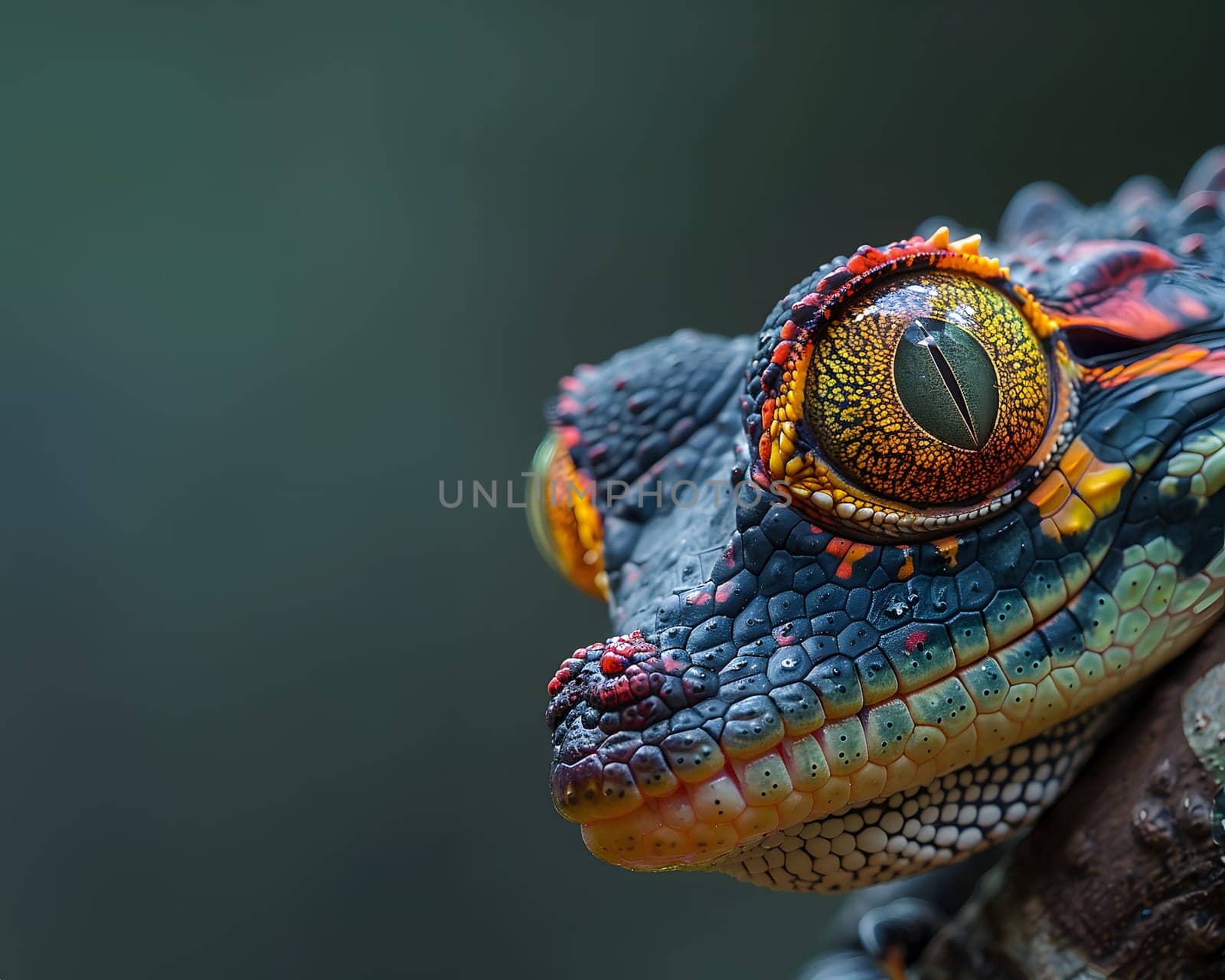 Colorful macro illustration of a small crocodile-like reptile with striking bright eyes perched on a piece of wood. There is space for entering text. It can attract the attention of readers very well.