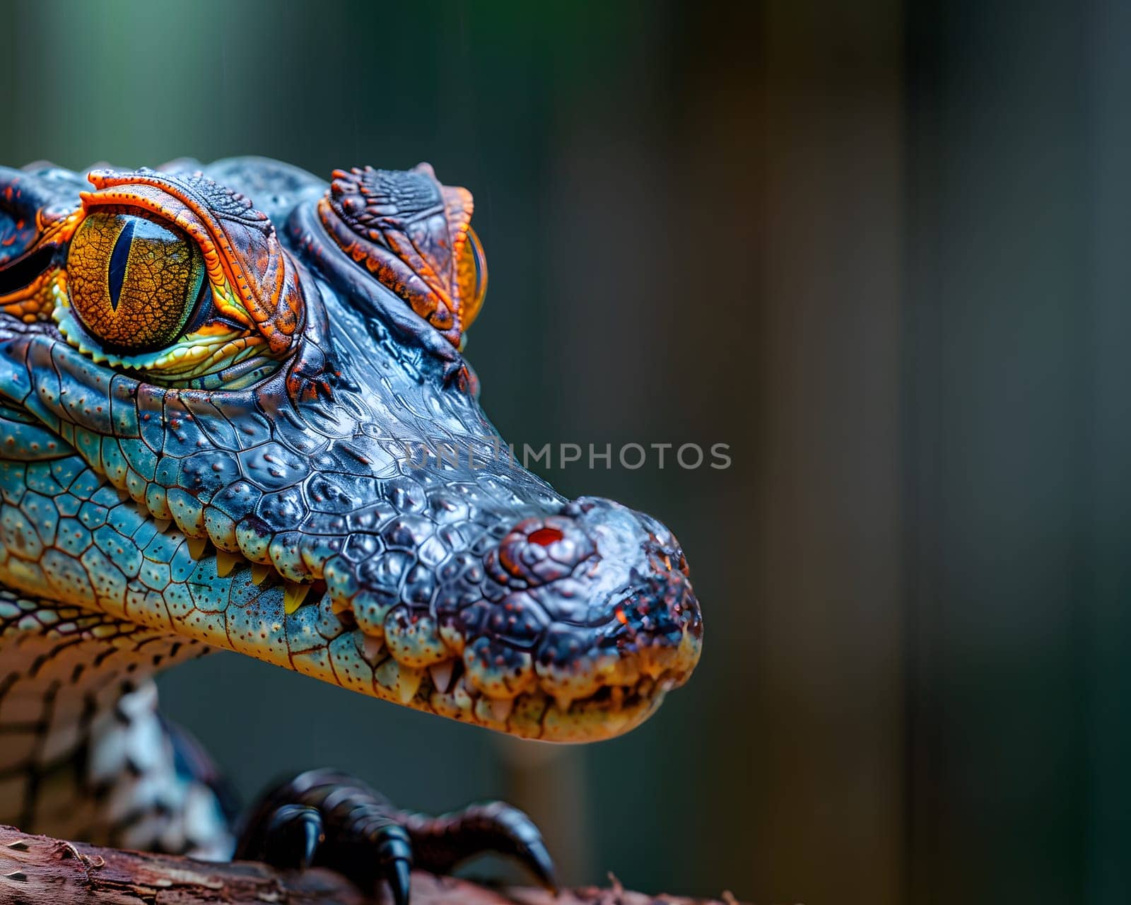 Colorful macro illustration of a small crocodile-like reptile with striking bright eyes perched on a piece of wood. There is space for entering text. It can attract the attention of readers very well.