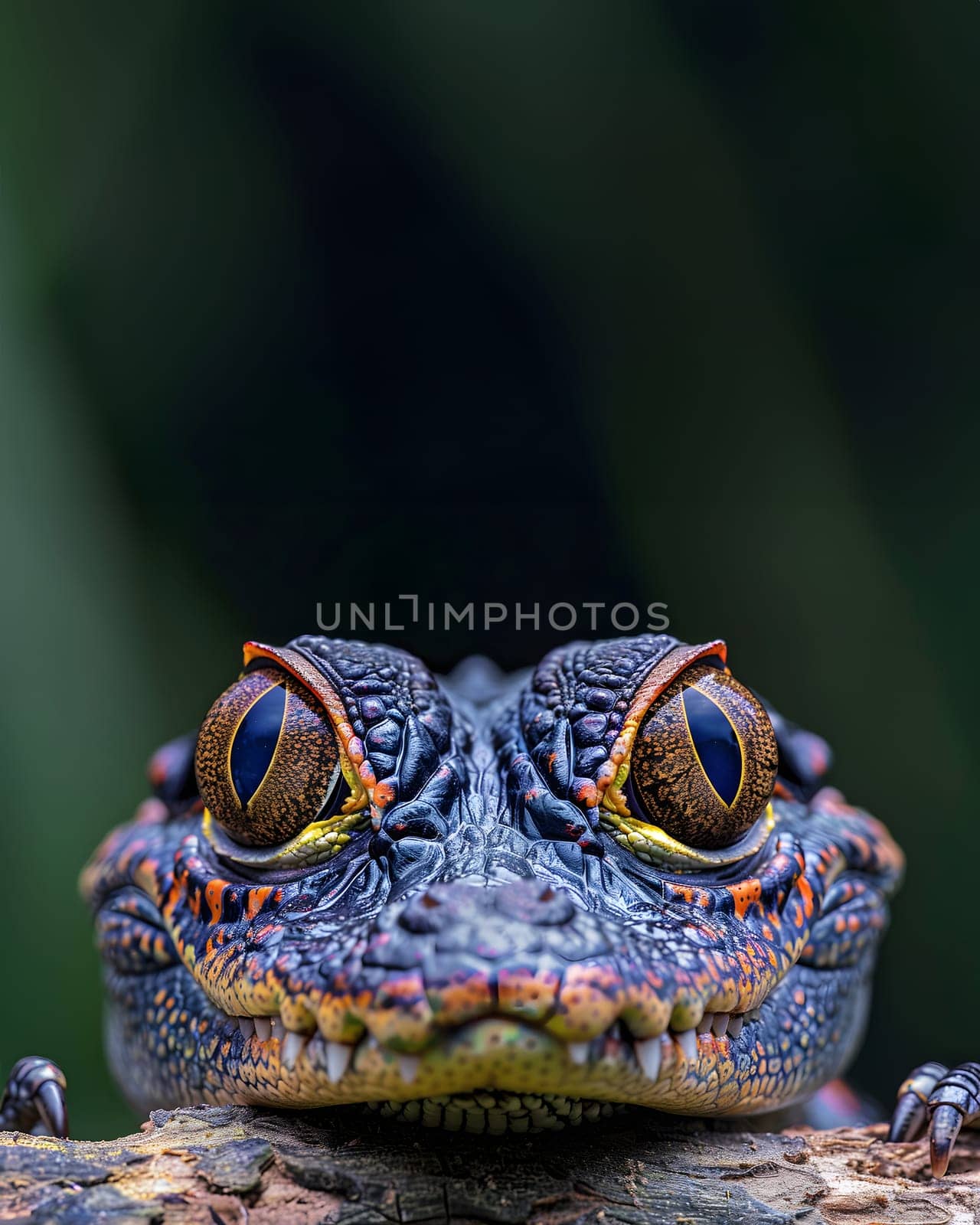 Colorful macro illustration of a small crocodile-like reptile with striking bright eyes perched on a piece of wood. There is space for entering text. It can attract the attention of readers very well.