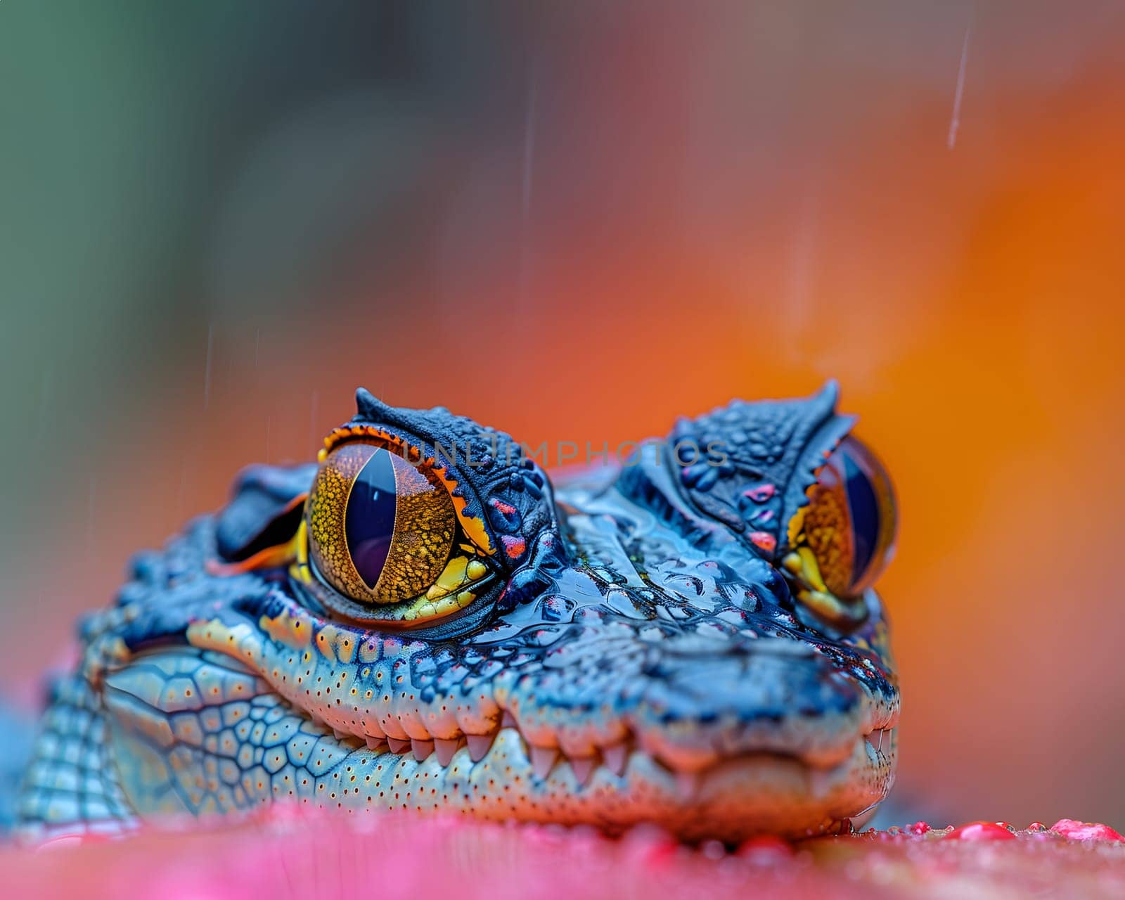 Colorful macro illustration of a small crocodile-like reptile with striking bright eyes perched on a piece of wood. There is space for entering text. It can attract the attention of readers very well.