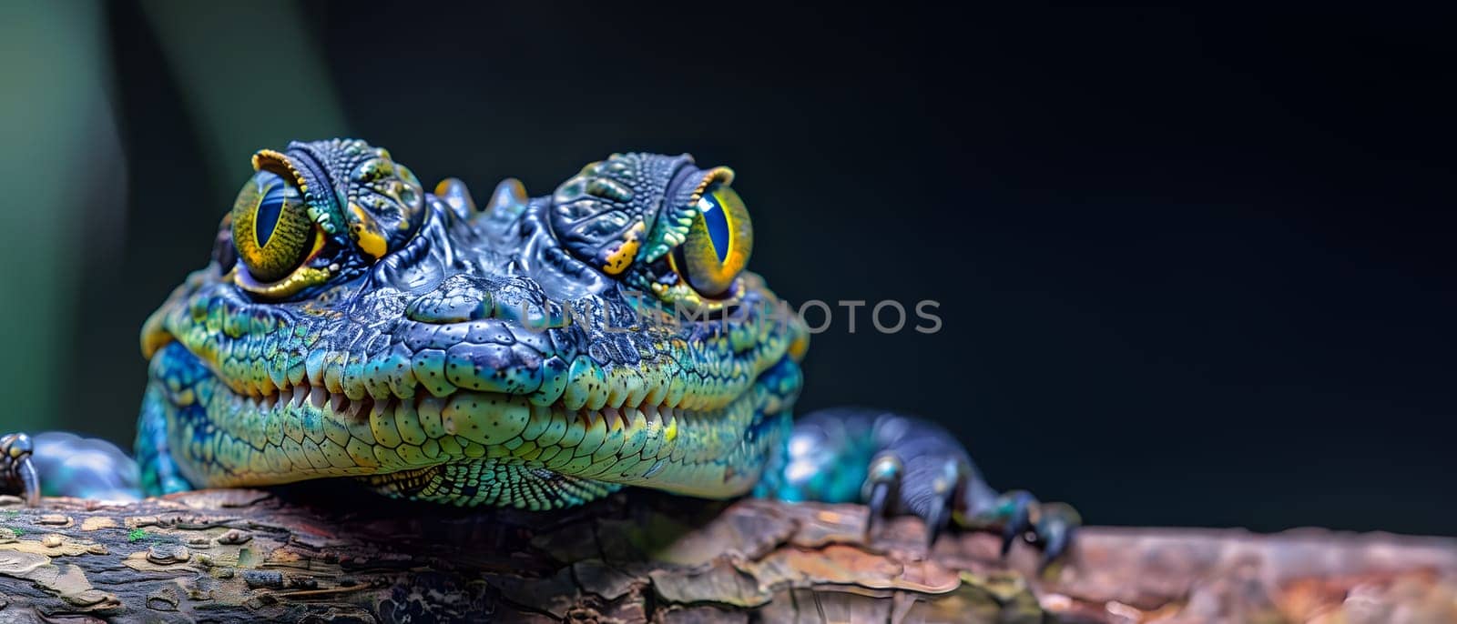 Colorful macro illustration of a small crocodile-like reptile with striking bright eyes perched on a piece of wood. There is space for entering text. It can attract the attention of readers very well.