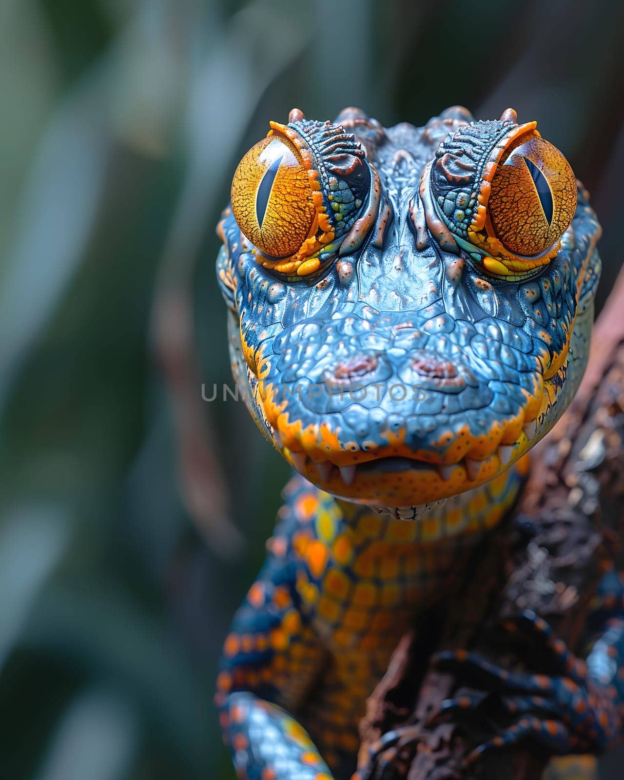Colorful macro illustration of a small crocodile-like reptile with striking bright eyes perched on a piece of wood. There is space for entering text. It can attract the attention of readers very well.