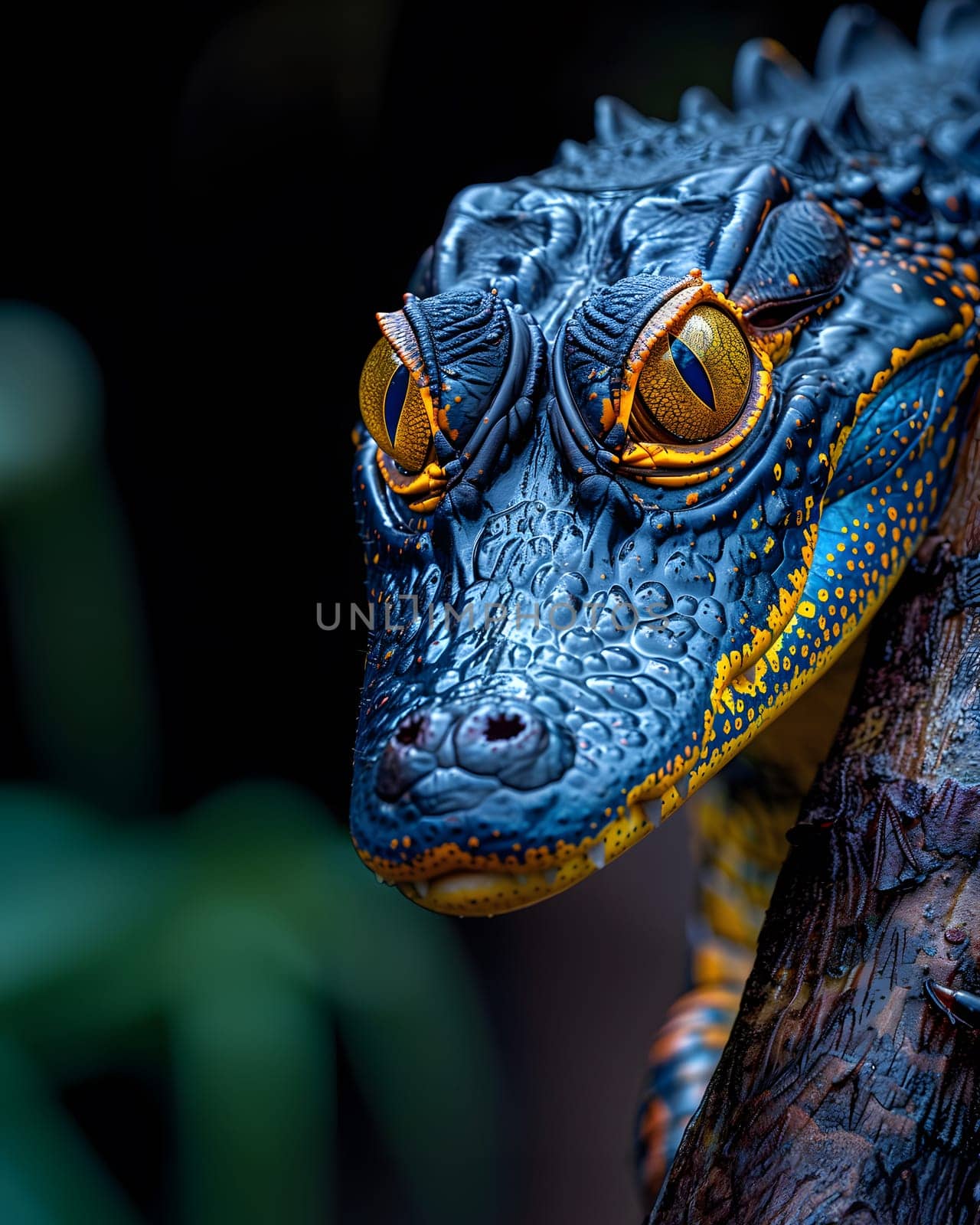 Colorful macro illustration of a small crocodile-like reptile with striking bright eyes perched on a piece of wood. There is space for entering text. It can attract the attention of readers very well.