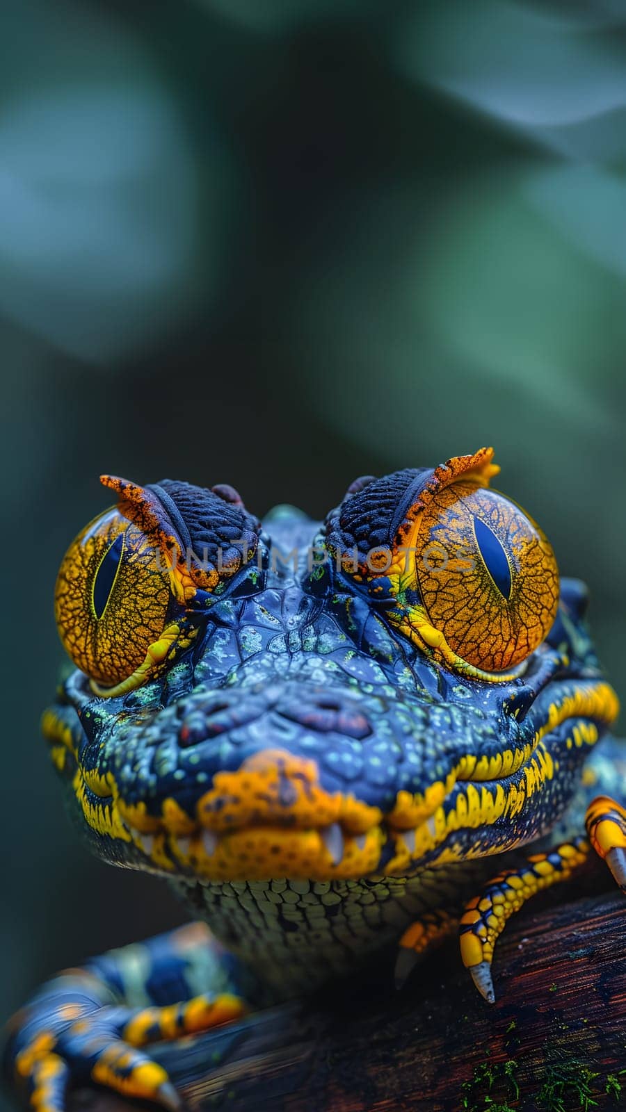Colorful macro illustration of a small crocodile-like reptile with striking bright eyes perched on a piece of wood. There is space for entering text. It can attract the attention of readers very well.