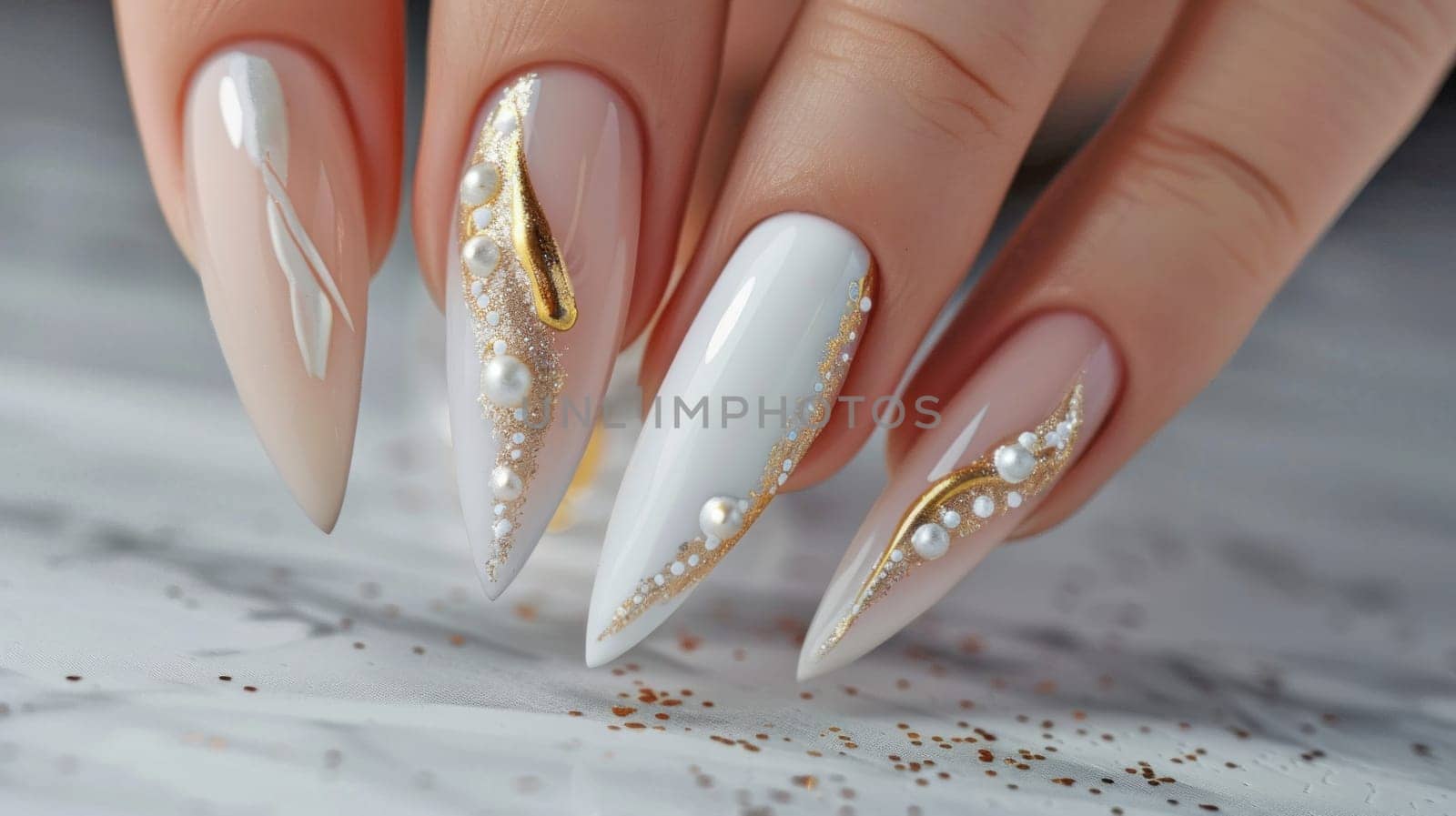 Elegant gold and pearl nail art design. Created using AI generated technology and image editing software.