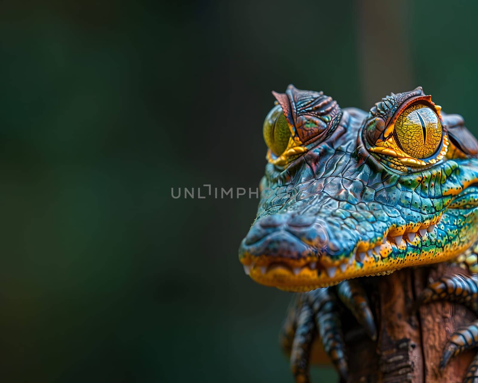 Colorful macro illustration of a small crocodile-like reptile with striking bright eyes perched on a piece of wood. There is space for entering text. It can attract the attention of readers very well.